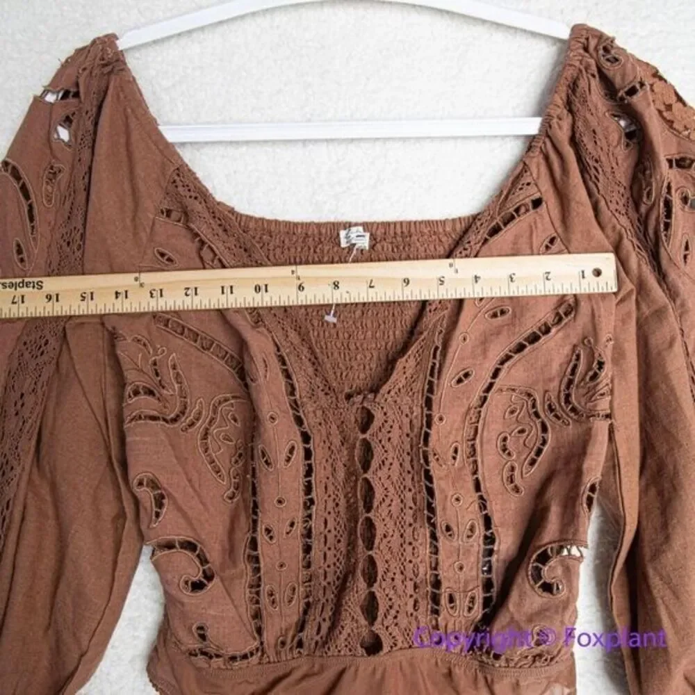 NEW Free‎ People Intimately Brown Regina Boho Long Sleeve Bodysuit, S